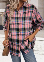 Plaid Button Tummy Coverage Pink Long Sleeve Shirt