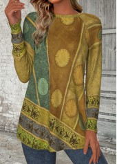 Geometric Print Green Long Sleeve Round Neck T Shirt