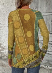 Geometric Print Green Long Sleeve Round Neck T Shirt