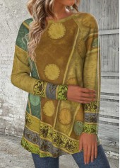 Geometric Print Green Long Sleeve Round Neck T Shirt