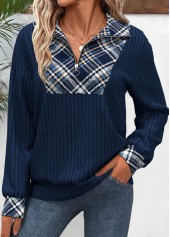 Plaid Patchwork Peacock Blue Long Sleeve Sweatshirt