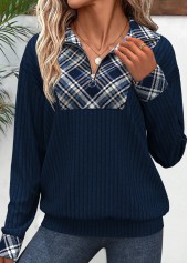 Plaid Patchwork Peacock Blue Long Sleeve Sweatshirt