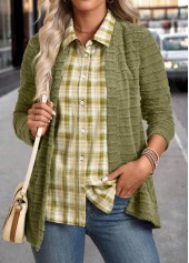 Plaid Avocado Green Long Sleeve Fake Two Piece Twinset