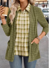 Plaid Avocado Green Long Sleeve Fake Two Piece Twinset