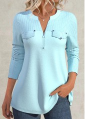 Zipper Mint Green Long Sleeve Split Neck Shirt