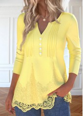 Plus Size Light Yellow Embroidery Long Sleeve T Shirt