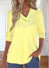 Button Light Yellow Long Sleeve V Neck T Shirt