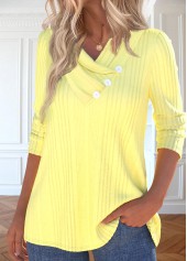Button Light Yellow Long Sleeve V Neck T Shirt