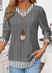 Striped Patchwork Grey Long Sleeve Fake Two Piece Twinset
