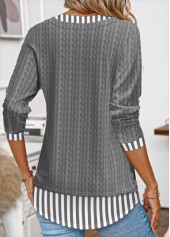 Striped Patchwork Grey Long Sleeve Fake Two Piece Twinset