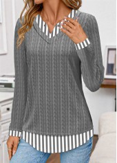 Striped Patchwork Grey Long Sleeve Fake Two Piece Twinset