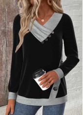 Button Black Long Sleeve V Neck Sweatshirt