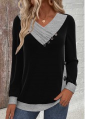 Button Black Long Sleeve V Neck Sweatshirt