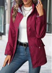 Lace Up Wine Red Long Sleeve Hooded Trench Coat