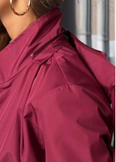 Lace Up Wine Red Long Sleeve Hooded Trench Coat