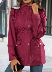 Lace Up Wine Red Long Sleeve Hooded Trench Coat