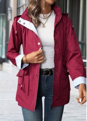 Lace Up Wine Red Long Sleeve Hooded Trench Coat