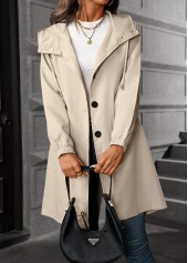 Drawstring Beige Long Sleeve Hooded Trench Coat
