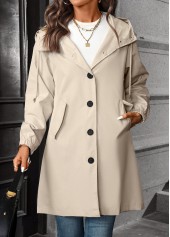 Drawstring Beige Long Sleeve Hooded Trench Coat