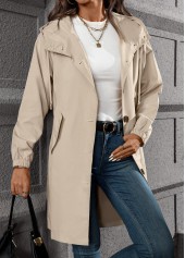 Drawstring Beige Long Sleeve Hooded Trench Coat