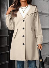 Drawstring Beige Long Sleeve Hooded Trench Coat