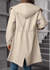 Drawstring Beige Long Sleeve Hooded Trench Coat