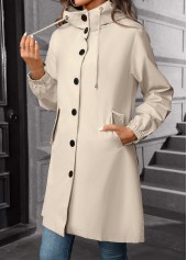Drawstring Beige Long Sleeve Hooded Trench Coat