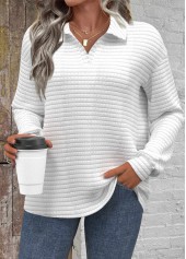 Textured Fabric White Long Sleeve Turn Down Collar Sweatshirt