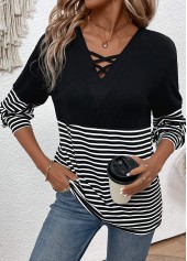 Striped Criss Cross Black Long Sleeve T Shirt