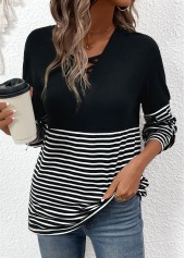 Striped Criss Cross Black Long Sleeve T Shirt