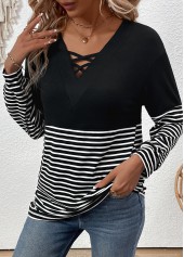 Striped Criss Cross Black Long Sleeve T Shirt