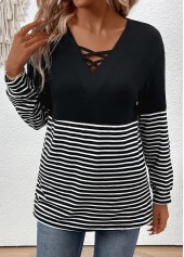 Striped Criss Cross Black Long Sleeve T Shirt