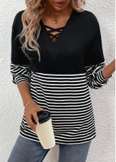Striped Criss Cross Black Long Sleeve T Shirt