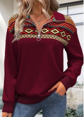 Tribal Print Zipper Deep Red Long Sleeve Sweatshirt