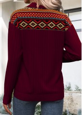 Tribal Print Zipper Deep Red Long Sleeve Sweatshirt