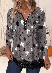 Halloween Patchwork Dark Grey Long Sleeve Split Neck Shirt