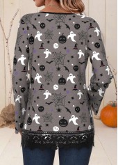 Halloween Patchwork Dark Grey Long Sleeve Split Neck Shirt