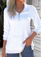 Textured Fabric White Long Sleeve Turn Down Collar Sweatshirt