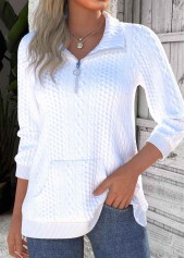 Textured Fabric White Long Sleeve Turn Down Collar Sweatshirt