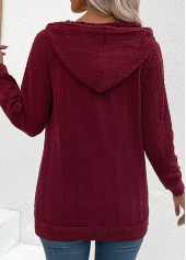 Jacquard Drawstring Wine Red Long Sleeve Hoodie