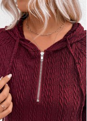 Jacquard Drawstring Wine Red Long Sleeve Hoodie
