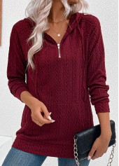 Jacquard Drawstring Wine Red Long Sleeve Hoodie