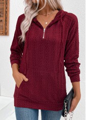 Jacquard Drawstring Wine Red Long Sleeve Hoodie