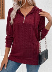 Jacquard Drawstring Wine Red Long Sleeve Hoodie
