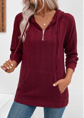 Jacquard Drawstring Wine Red Long Sleeve Hoodie