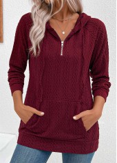 Jacquard Drawstring Wine Red Long Sleeve Hoodie