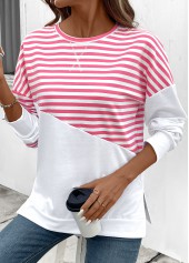 Striped Patchwork Pink Long Sleeve Round Neck Sweatshirt