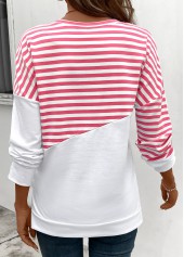 Striped Patchwork Pink Long Sleeve Round Neck Sweatshirt