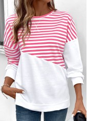 Striped Patchwork Pink Long Sleeve Round Neck Sweatshirt