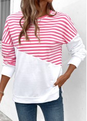 Striped Patchwork Pink Long Sleeve Round Neck Sweatshirt
